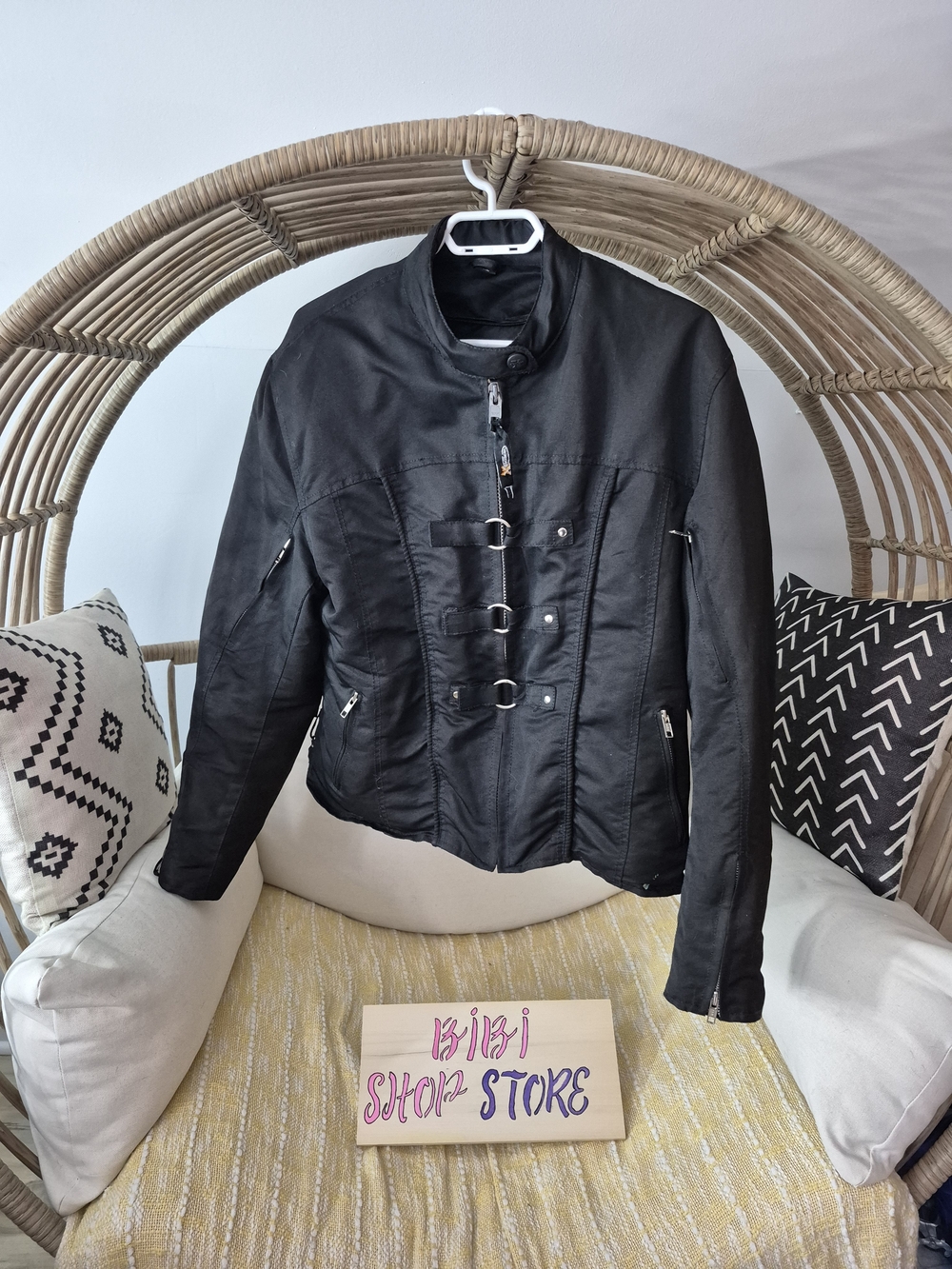 Vintage Women's Black Buckle-Front Moto Jacket YKK moto PADDED racing